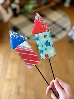 Festive Red and Blue Metal Set of 2 Rocket Outdoor Stakes